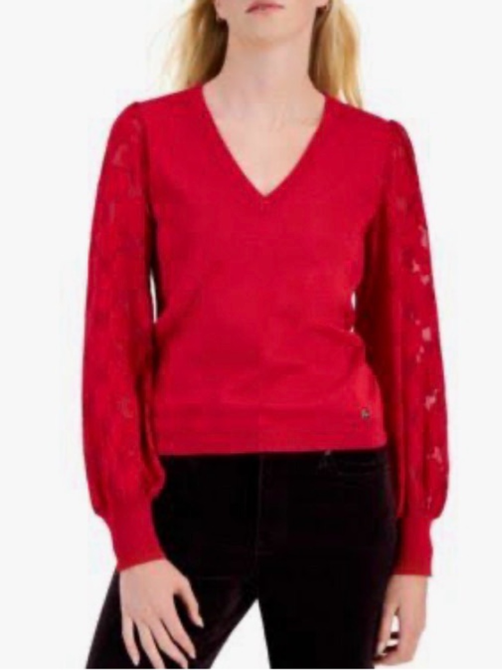 Tommy Hilfiger Red V-Neck Sweater with Lace Sleeves